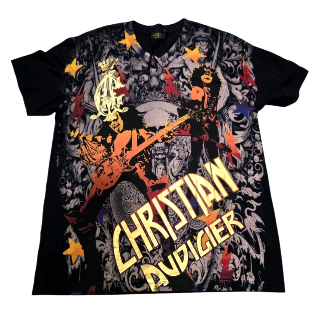 Y2k Christian Audigier x KISS Aop Tee Rhinestone Gold Logo Size L Unisex